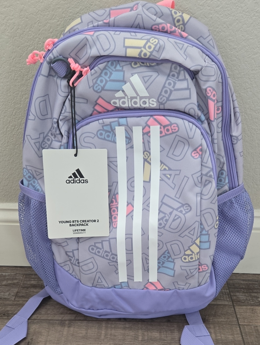 New adidas Kids Lavender Logo Backpack with Pastel Accents